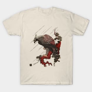 EAGLE ON THE PINE BRANCH IN THE RAIN Antique Japanese Woodcut T-Shirt